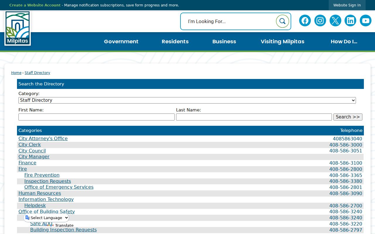 Milpitas directory city staff search