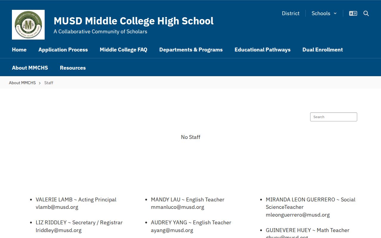 Milpitas directory Middle College staff list