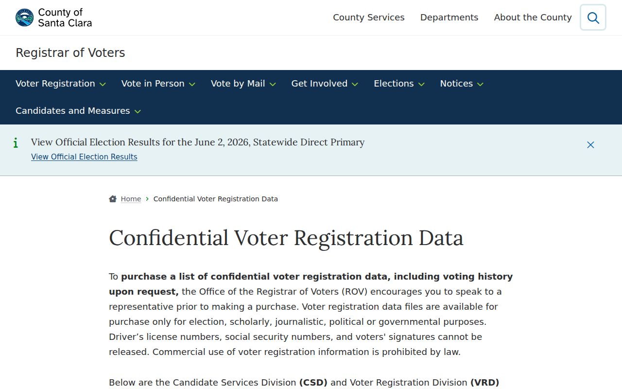 Milpitas voter records county data request page