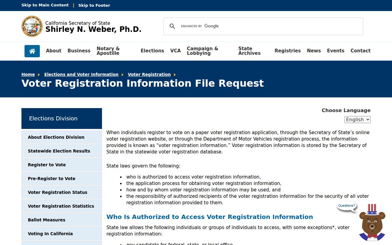 Milpitas voter records statewide file request instructions
